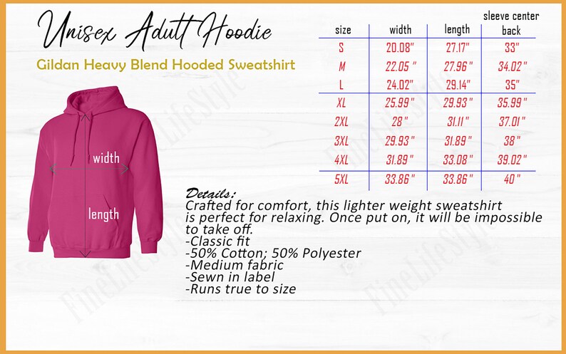 May include: A pink unisex hooded sweatshirt with a zipper closure. The sweatshirt is made of a blend of cotton and polyester. The size chart shows the width, length, and sleeve center back measurements in inches for sizes S through 5XL.