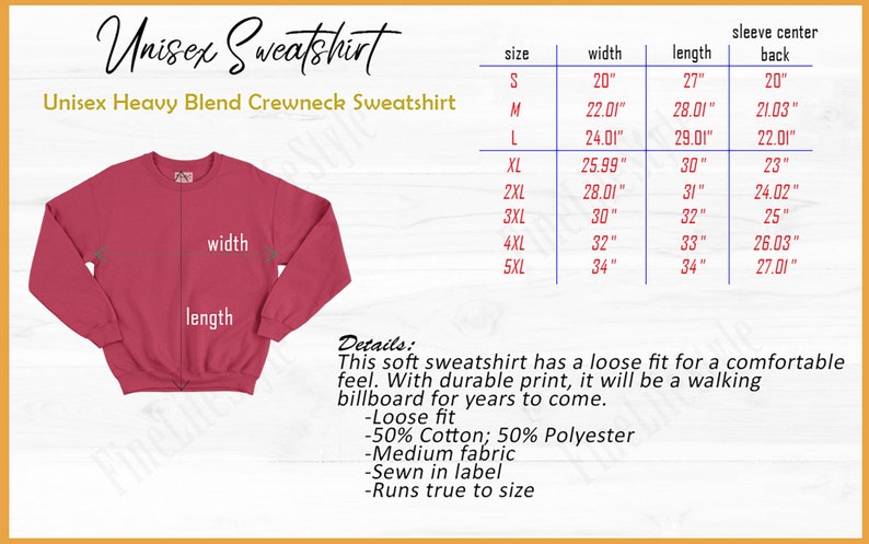 May include: A red unisex sweatshirt with a crew neck and a size chart showing measurements in inches. The text "Unisex Sweatshirt" and "Unisex Heavy Blend Crewneck Sweatshirt" is visible at the top of the image. The text "Details" is visible at the bottom of the image, followed by a description of the sweatshirt's features.