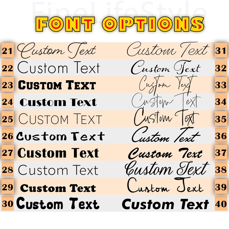 May include: An image displaying font options for custom text. The text "FONT OPTIONS" is in yellow and orange. The image shows 20 different font styles, each labeled with a number and the words "Custom Text".