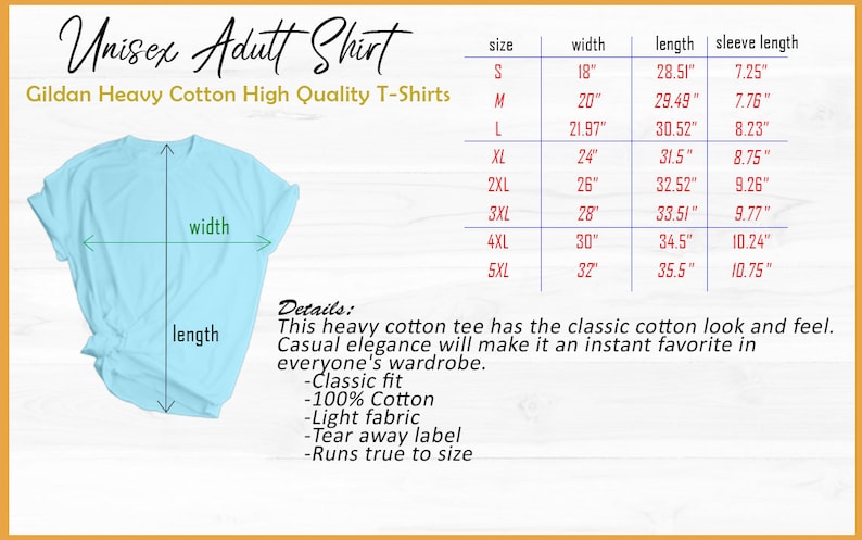Unisex adult size chart. The shirt size are small, medium, large, x-large, 2x-large, 3x-large, 4x-large, 5x-large. The shirt is 100% cotton (may vary for heathered shirts), has classic fit, light fabric, runs to true size.