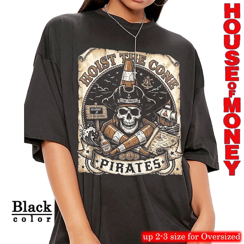 Koszulka z grafiką Vintage Hoist The Cone Pirates Skull, styl bootleg z lat 90., oversize'owa czarna odzież uliczna zdjęcie 2