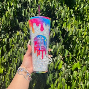Rainbow Drip Rhinestone Starbucks Tumbler: 24oz Bling Lid