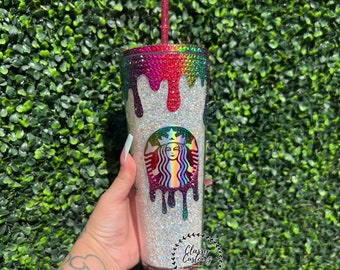 Rainbow Sparkle Rhinestone Drip Tumbler: 24oz Double Walled Cup