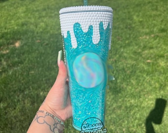 Teal Rhinestone Drip Tumbler