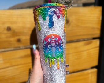 Rainbow Drip Snowglobe Tumbler: Bling Lid & Straw