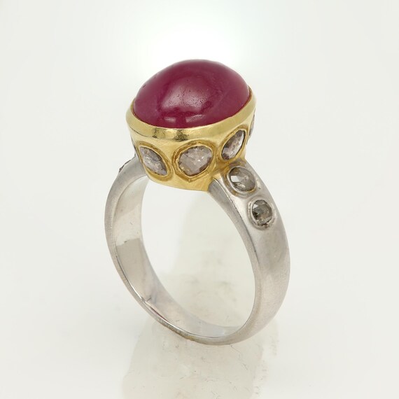 Vintage 18K Gold Ruby Cabochon Ring: Diamond Acce… - image 2