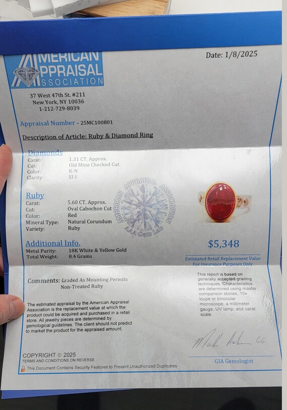 Vintage 18K Gold Ruby Cabochon Ring: Diamond Acce… - image 9