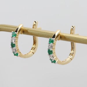 14k Yellow Gold Emerald Diamond Huggie Earrings