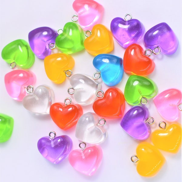 10 x Heart shaped resin charms or pendants, candy heart charms, jelly hearts