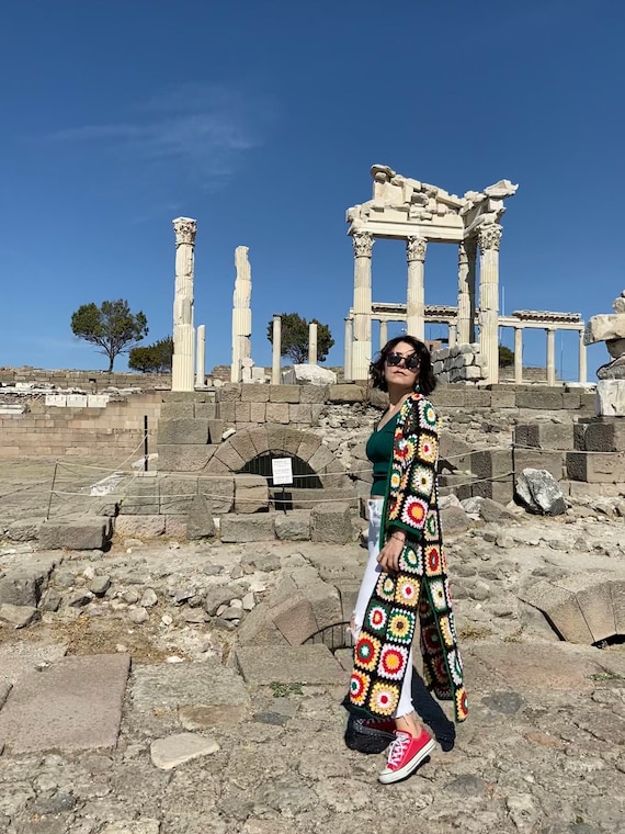 Boho Crochet Coat Granny Square Afghan Coat Women Knitwear Patchwork Festival Jacket Crochet Granny Square Long Cardigan Crochet Coat
