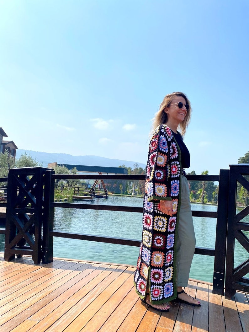 Boho Crochet Coat Granny Square Afghan Coat Women Knitwear Patchwork Festival Jacket Crochet Granny Square Long Cardigan Crochet Coat
