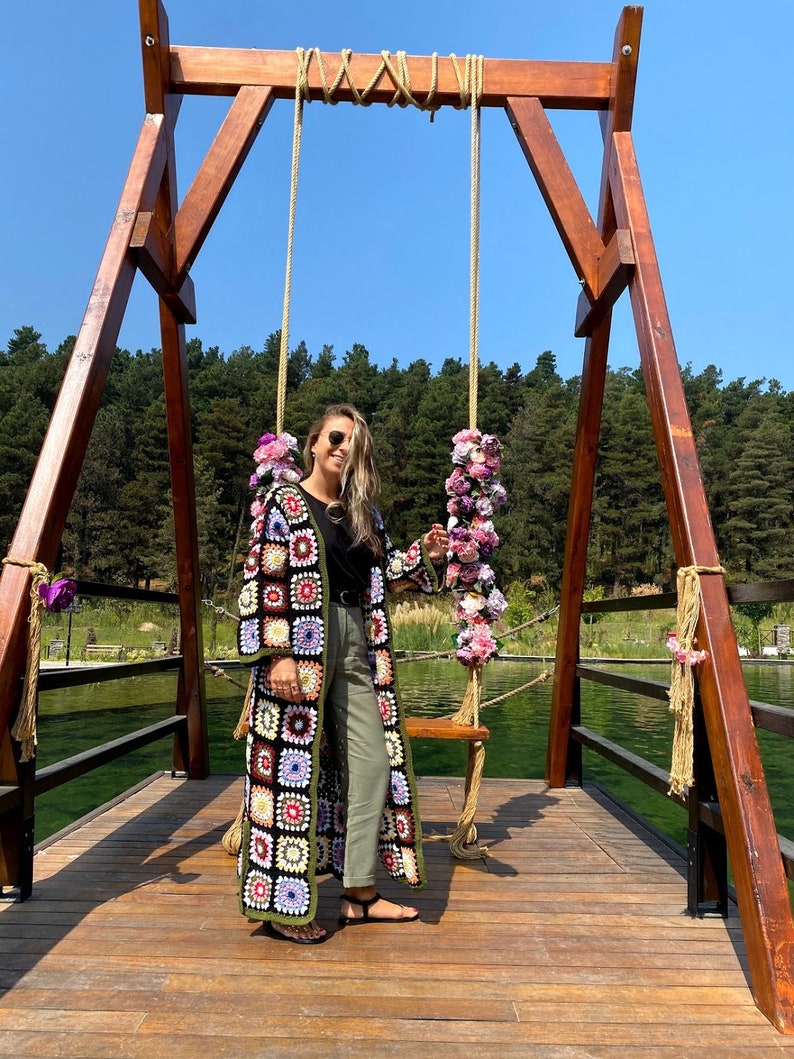 Boho Crochet Coat Granny Square Afghan Coat Women Knitwear Patchwork Festival Jacket Crochet Granny Square Long Cardigan Crochet Coat