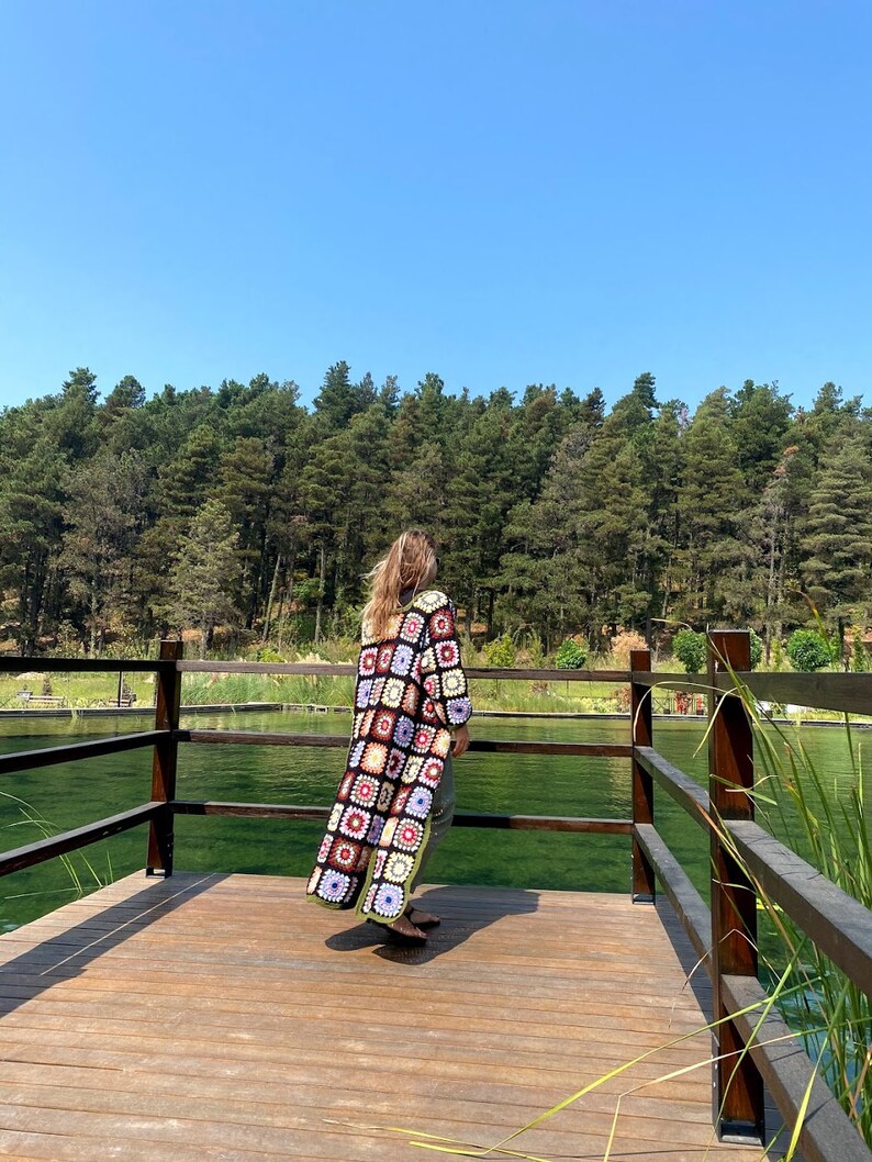 Boho Crochet Coat Granny Square Afghan Coat Women Knitwear Patchwork Festival Jacket Crochet Granny Square Long Cardigan Crochet Coat