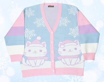 Christmas cat cardigan, Christmas sweater, Rainbow clothes, fairy kei, Kawaii clothing - Pastel clothing - Oversized