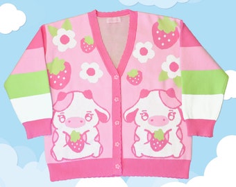 Erdbeer-Kuh-Cardigan, Erdbeer-Frühlingspullover, süße Kleidung, Fairy Kei, Kawaii-Kleidung – Pastell-Kleidung – Übergroß