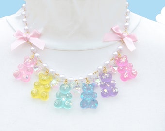 Rainbow pastel gummy glitter bear heart star cystal statment necklace, Charm necklace , Friendship Gift, Rainbow Necklace