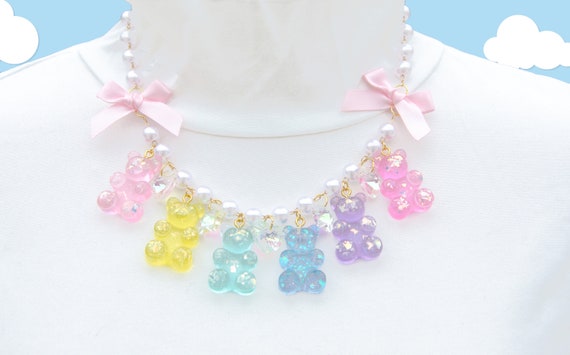 Rainbow pastel gummy glitter bear heart star cystal statment necklace, Charm necklace , Friendship Gift, Rainbow Necklace