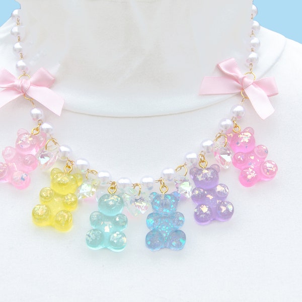 Arc-en-ciel pastel gommeux paillettes ours coeur étoile cystal déclaration collier, collier de charme, cadeau d'amitié, collier arc-en-ciel