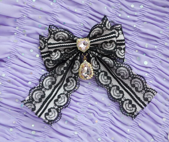 Crystal heart pink black bow hair clip