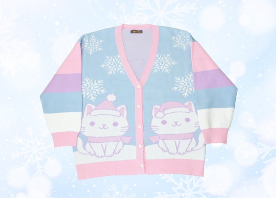 Christmas cat cardigan, Christmas sweater, Rainbow clothes, fairy kei, Kawaii clothing - Pastel clothing - Oversized