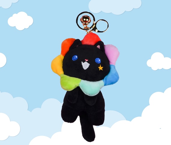 Rainbow black cat plushie keychain