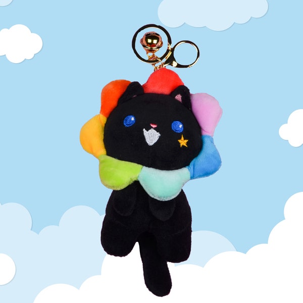 Rainbow black cat plushie keychain