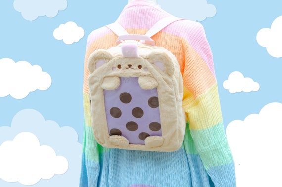 Kuma tea milk tea boba tea backpack, Kawaii bag, cute backpack, Women Plush Backpack, Cute Purse For Her, lolita bag