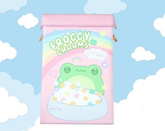 May include: A pink and green froggy charms themed bag with a rainbow and the text "FROGGY CHARMS" and "FLAVORED WITH REAL RAINBOWS!"