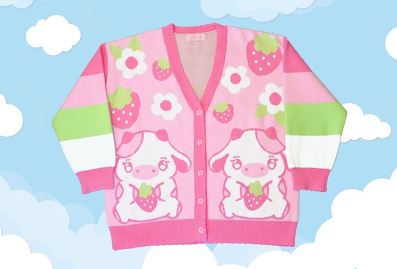 Strawberry cow cardigan, Strawberry spring sweater, cute clothes, fairy kei, Kawaii clothing - Pastel clothing - Oversized