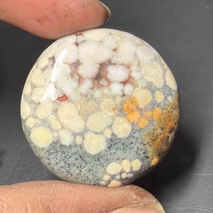 Puede incluir: Una gema redonda y pulida con un patrón único. La piedra presenta una mezcla de colores, incluyendo blanco, crema, naranja y gris, creando una apariencia moteada. La gema se sostiene entre dos dedos.