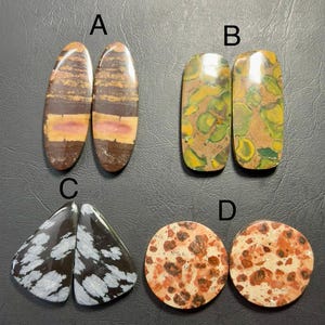 May include: Four pairs of polished gemstones in various shapes. The first pair is oval with brown, tan, and pink bands. The second pair is rectangular with green and yellow patterns. The third pair is triangular with white snowflake patterns. The fourth pair is round with red and brown spots.