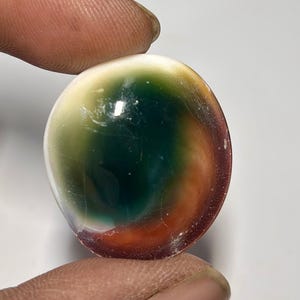 May include: A polished, oval-shaped gemstone with a swirling pattern of colors. The stone features a gradient of cream, green, orange, and maroon hues. The gemstone is held between two fingers, showcasing its smooth, reflective surface.