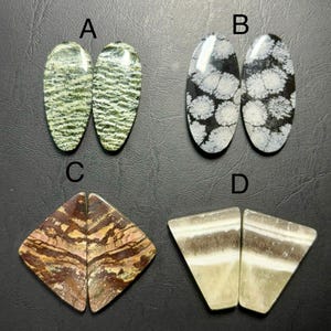May include: Four pairs of polished gemstones are displayed. The first pair (A) is oval-shaped with green and white striped patterns. The second pair (B) is oval-shaped with black and white snowflake patterns. The third pair (C) is a square shape with brown and tan patterns. The fourth pair (D) is a triangle shape with tan and white stripes.