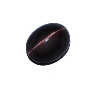 May include: A polished, oval-shaped gemstone with a dark, reddish-brown color. A thin, bright line of light crosses the stone, creating a cat's eye effect. The gem is set against a plain white background.