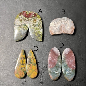 May include: Four pairs of polished gemstones in various shapes and colors. Pair A features a mottled green, red, and gray pattern. Pair B has a layered, banded appearance in shades of gray and tan. Pair C is teardrop-shaped with yellow, orange, and brown hues. Pair D is oval-shaped with red, green, and gray.