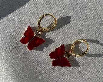Creole earrings gilded with 24K fine gold and red butterfly