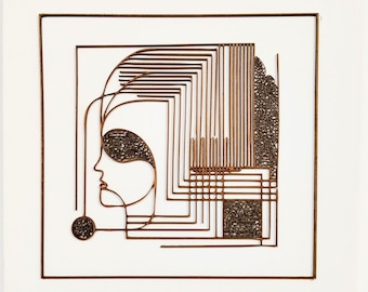 Decorative painting of a woman's head - Modern wall art in cut-out wood and cardboard lace - Unique creation - Wire drawing illustration