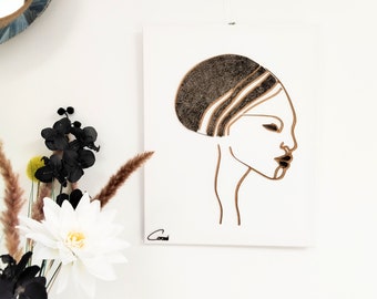 Stylized African woman head painting - Modern wall art in cut-out wood and cardboard lace - Unique creation - Modern illustration