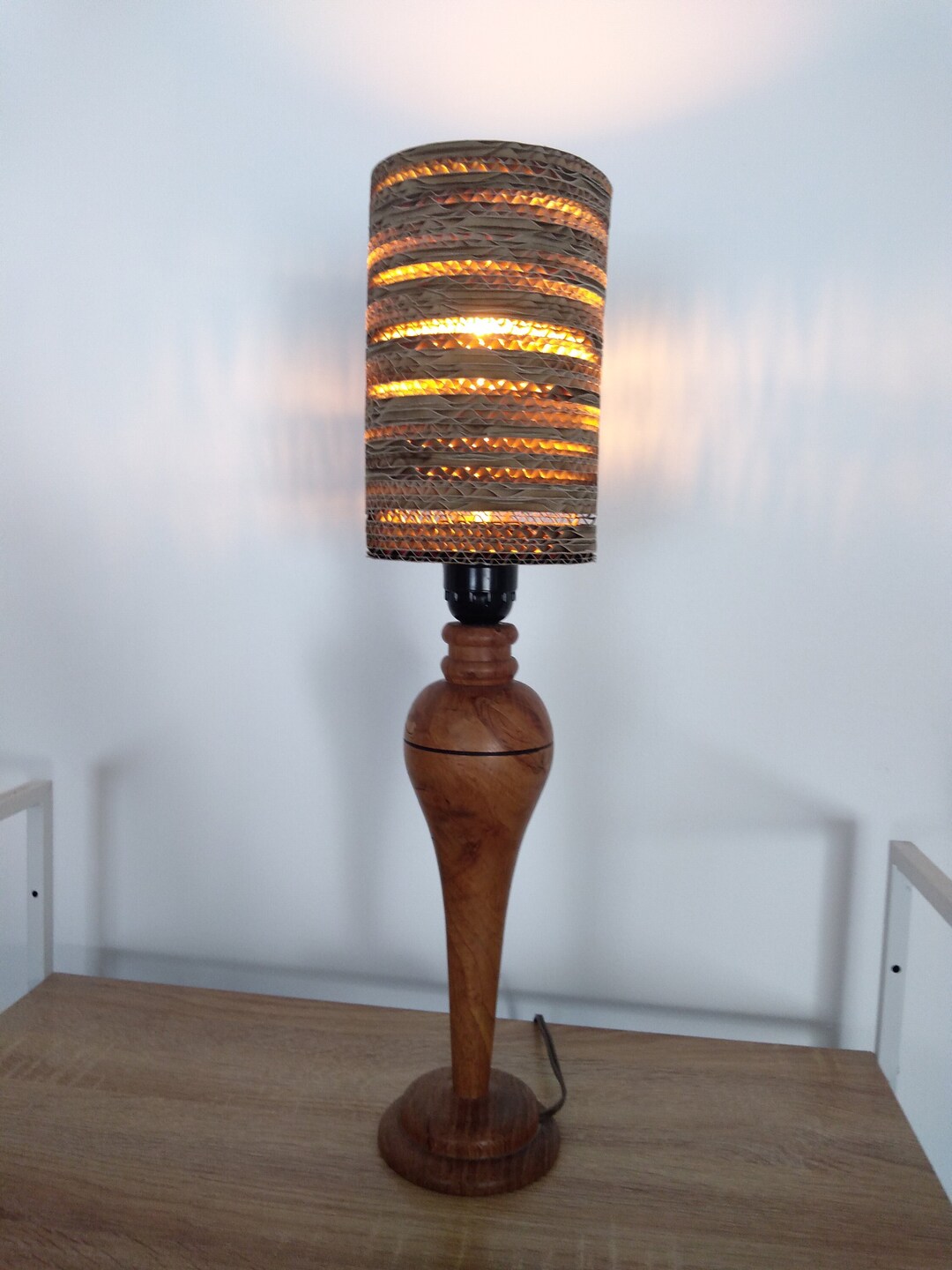 Original Table Lamp in Turned Wood and Cardboard, Desk Lamp, Bedside