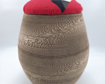 Cardboard pouf, red fabric seat 'Lady', Pouf for living room, Original seat for coffee table, Decorative pouf, Children's pouf, Children's stool.