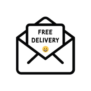 May include: Black and white line drawing of an open envelope with the text "FREE DELIVERY" inside. A yellow smiley face emoji is below the text.