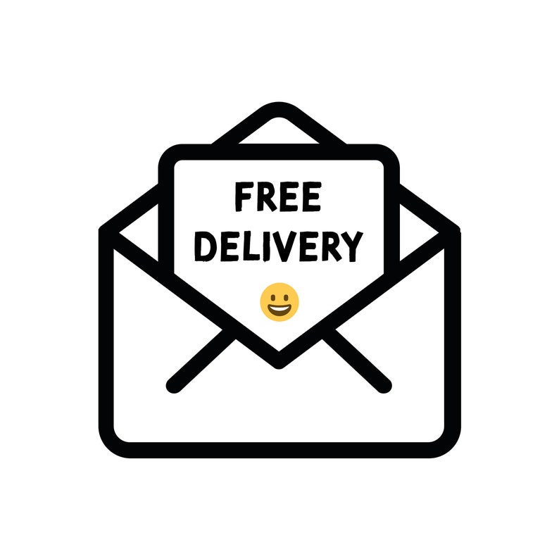 May include: Black and white line drawing of an open envelope with the text "FREE DELIVERY" inside. A yellow smiley face emoji is below the text.