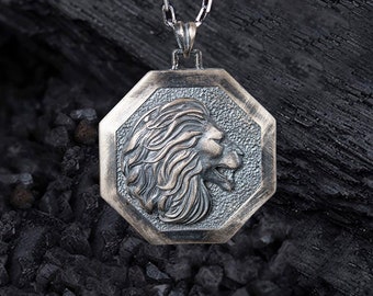 Silver Relief Lion Oxidized Mens Medallion Pendant, African Wild Lion Silver Men Necklace, Lion Personalized Men's Necklace, Husband Gifts