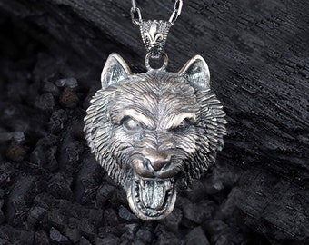 Silver Bear Head Necklace, Men Bear Necklace, Silver Chain Bear Pendant, Bear Head Oxidized Mens Pendant, Silver Necklace For Men