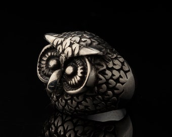 Owl Men's Ring, 925k Sterling Silver, Silver Oxidized Owl Ring, Mens Owl Handmade Ring, Owl Head Ring, Unisex Gift Rings