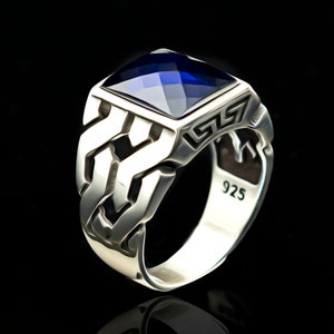 Silver Blue Sapphire Stone Ring, Silver Greek Men Rings, Shiny Silver Ring, Sapphire Men Rings, Modern Minimalist Men Rings, Men Gift Ring