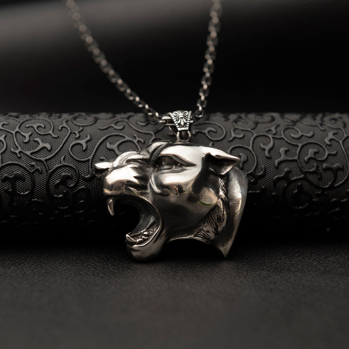 Tiger Head Sterling Silver Men Necklace Wild Tiger Silver Etsy