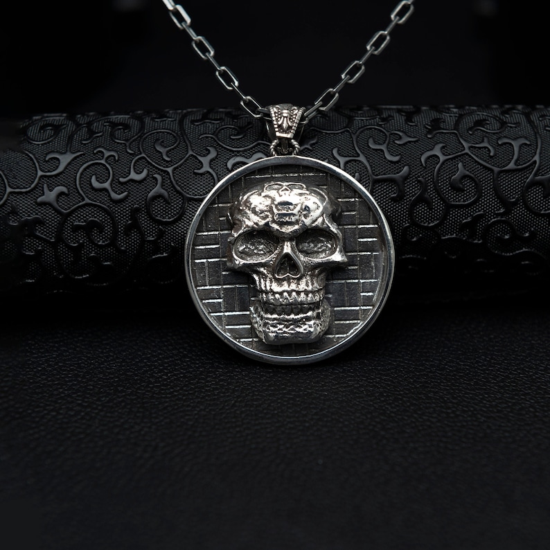 Men's Silver Skull Medallion Necklace Oxidized Silver Etsy