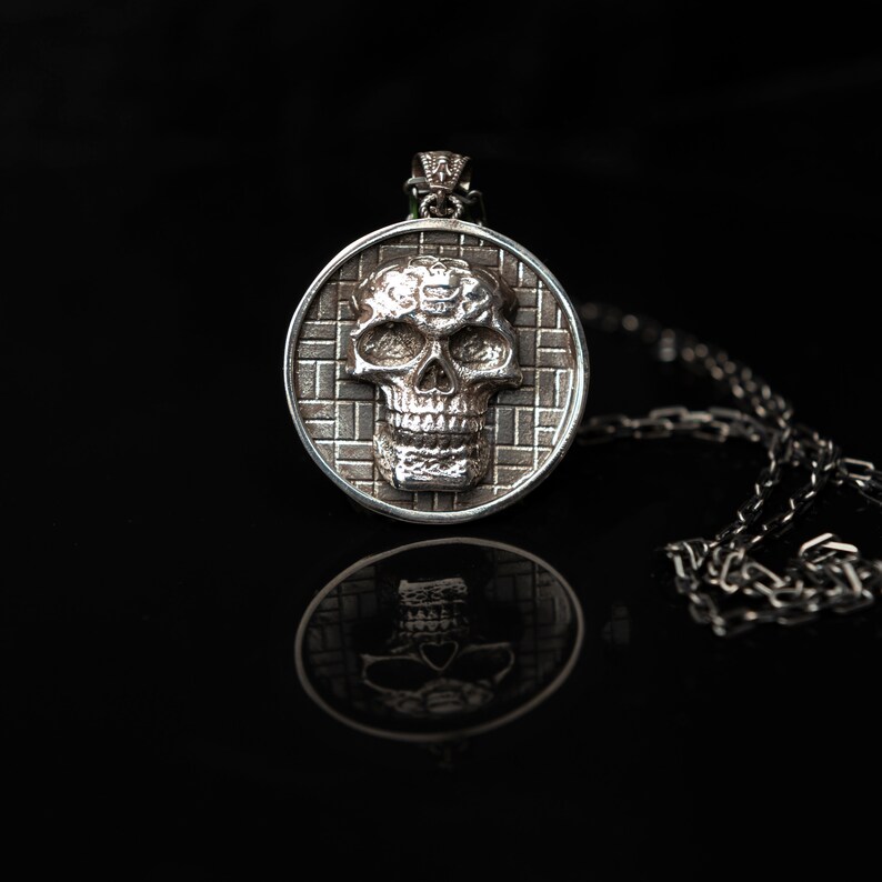 Men's Silver Skull Medallion Necklace Oxidized Silver Etsy