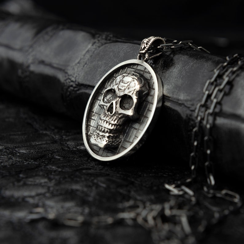 Men's Silver Skull Medallion Necklace Oxidized Silver Etsy